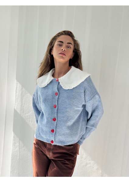 Kısa Kalp Düğmeli Hırka Kadın Mavi fırsatları