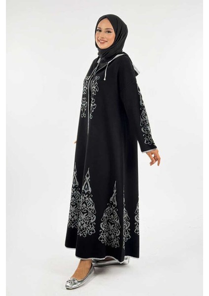 Kapşonlu Simli Hırka 18307 Siyah-Gümüş modelleri