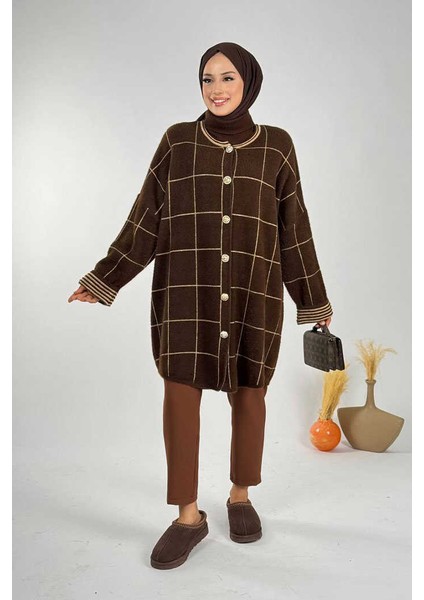 Kare Çizgili Düğmeli Hırka 18329 Kahverengi