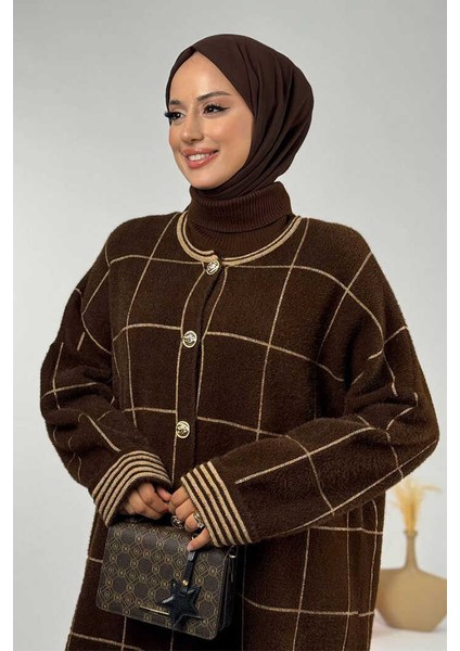 Kare Çizgili Düğmeli Hırka 18329 Kahverengi fırsatları