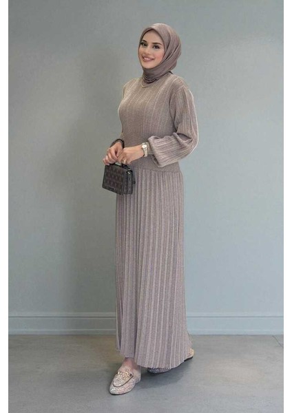 Beli Lastikli Simli Triko Elbise 18322 Vizon