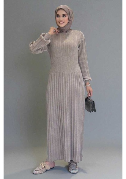 Beli Lastikli Simli Triko Elbise 18322 Vizon modelleri