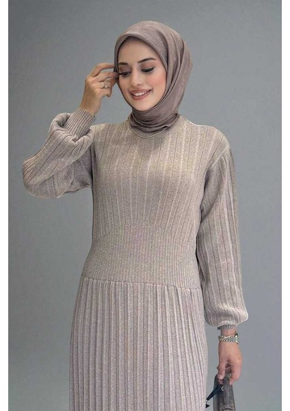 Beli Lastikli Simli Triko Elbise 18322 Vizon fırsatları