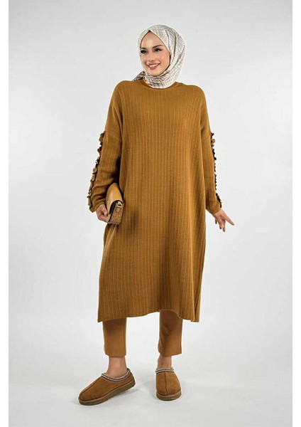 Fırfır Kol Triko Tunik 18305 Taba