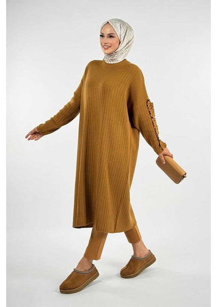 Fırfır Kol Triko Tunik 18305 Taba modelleri