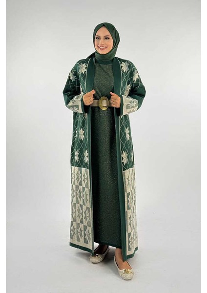 Kar Tanesi Desenli Uzun Triko Hırka 18166 Zümrüt