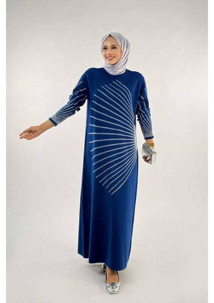 18306 Sim Detay Triko Elbise Lacivert