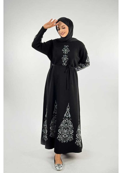 Bel Kuşaklı Desenli Triko Elbise 18304 Siyah-Gümüş