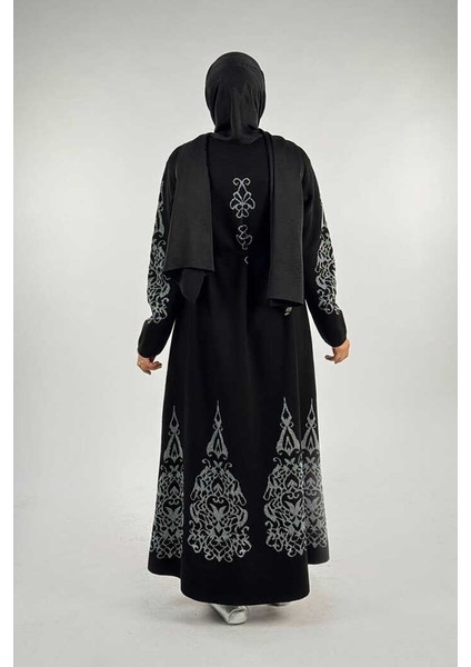 Bel Kuşaklı Desenli Triko Elbise 18304 Siyah-Gümüş fiyatları