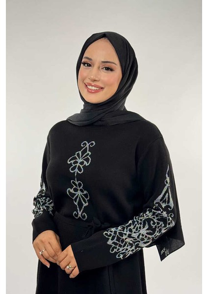 Bel Kuşaklı Desenli Triko Elbise 18304 Siyah-Gümüş fırsatları