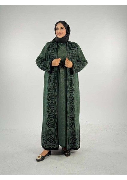 Yırtmaçlı Desenli Uzun Triko Hırka 18317 Zümrüt