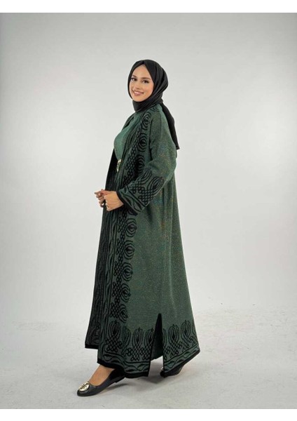 Yırtmaçlı Desenli Uzun Triko Hırka 18317 Zümrüt modelleri