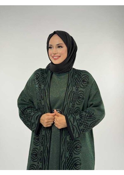 Yırtmaçlı Desenli Uzun Triko Hırka 18317 Zümrüt fırsatları