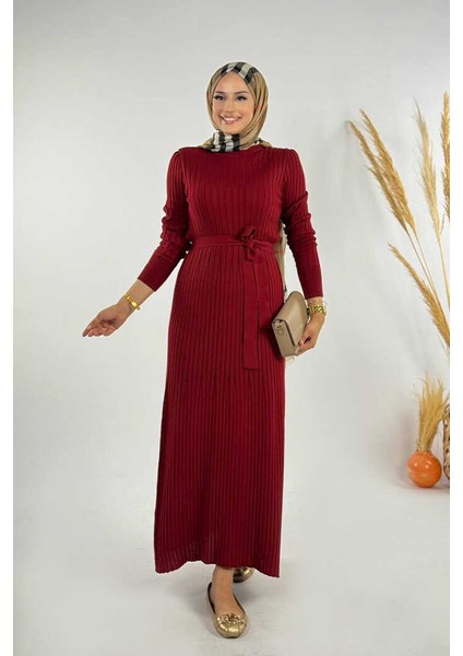 Kalın Fitilli Bel Kuşaklı Elbise 18319 Bordo