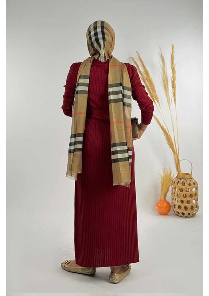 Kalın Fitilli Bel Kuşaklı Elbise 18319 Bordo fiyatları