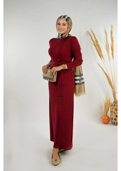 Kalın Fitilli Bel Kuşaklı Elbise 18319 Bordo modelleri