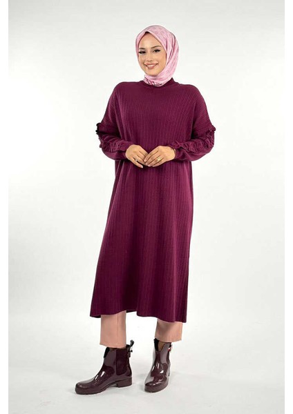 Fırfır Kol Triko Tunik 18305 Mürdüm