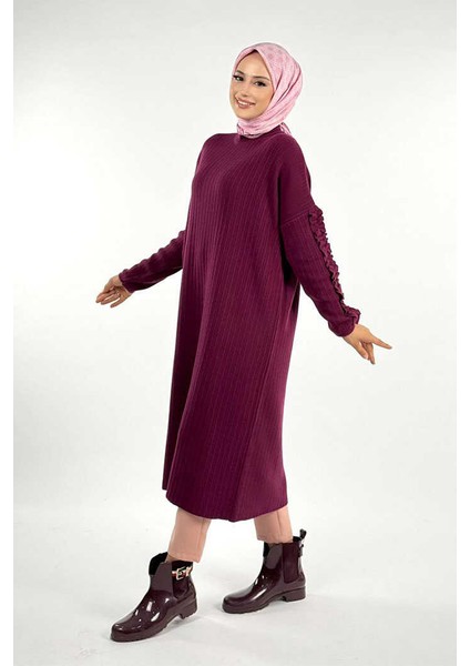 Fırfır Kol Triko Tunik 18305 Mürdüm modelleri