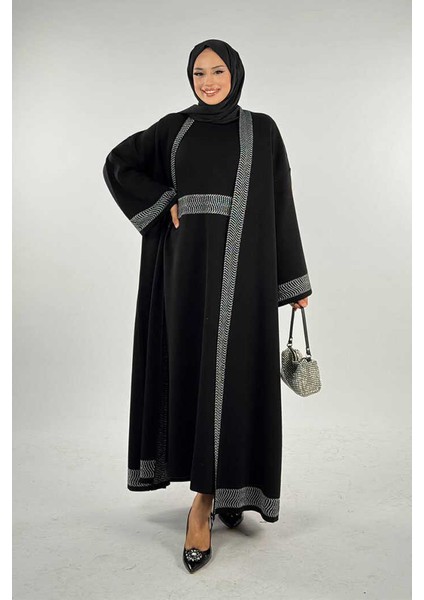Şerit Desenli Elbise Hırka Takım 18311 Siyah-Gümüş
