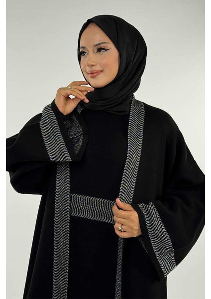 Şerit Desenli Elbise Hırka Takım 18311 Siyah-Gümüş fırsatları