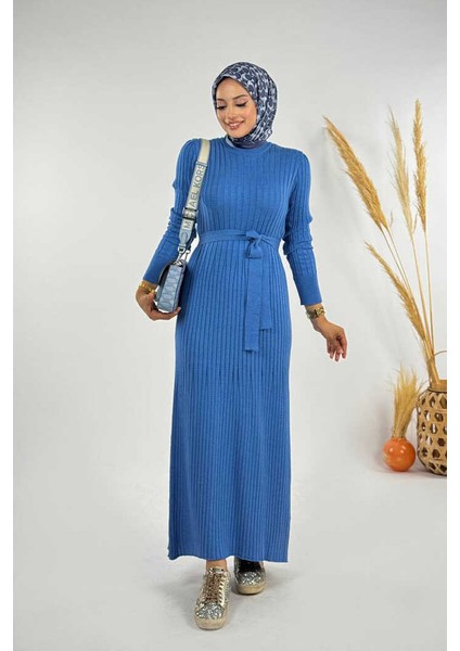 Kalın Fitilli Bel Kuşaklı Elbise 18319 Indigo