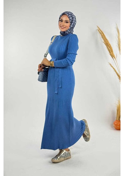 Kalın Fitilli Bel Kuşaklı Elbise 18319 Indigo modelleri