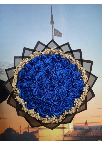 30 Lu LED Işıklı Kenar Süslemeli Solmayan Gül Buketi Mavi Gül Dışı Siyah