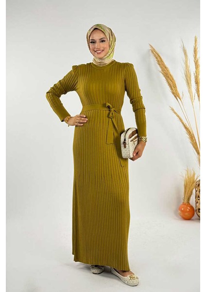 Kalın Fitilli Bel Kuşaklı Elbise 18319 Yağ Yeşili
