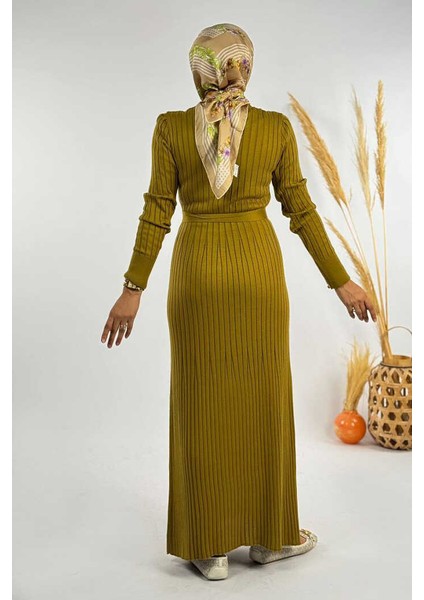 Kalın Fitilli Bel Kuşaklı Elbise 18319 Yağ Yeşili fiyatları