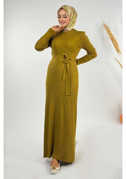 Kalın Fitilli Bel Kuşaklı Elbise 18319 Yağ Yeşili modelleri