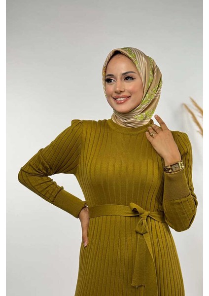 Kalın Fitilli Bel Kuşaklı Elbise 18319 Yağ Yeşili fırsatları