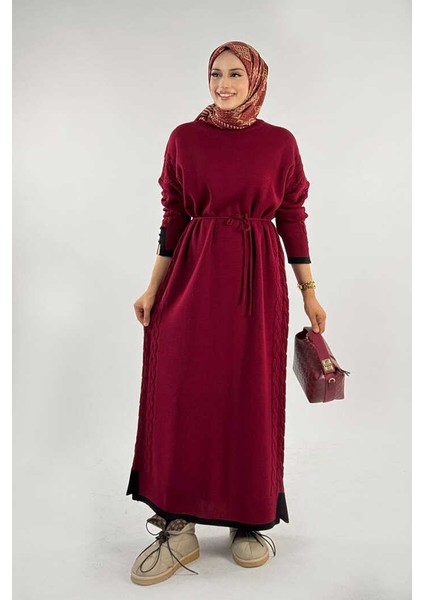 Örgü Detay Triko Elbise 18312 Bordo