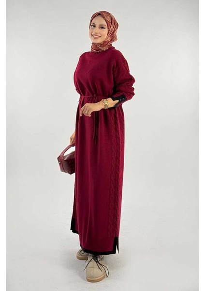 Örgü Detay Triko Elbise 18312 Bordo modelleri