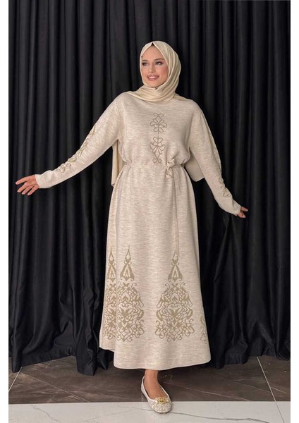 Bel Kuşaklı Desenli Triko Elbise 18304 Taş