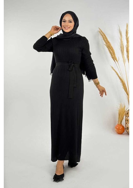 Kalın Fitilli Bel Kuşaklı Elbise 18319 Siyah