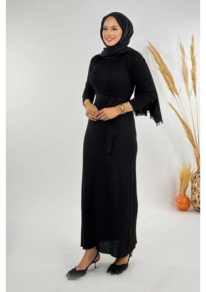 Kalın Fitilli Bel Kuşaklı Elbise 18319 Siyah modelleri