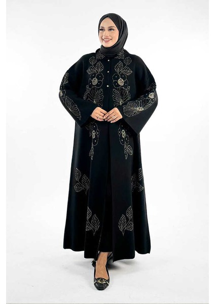 Düğmeli Çiçek Desenli Triko Hırka 18310 Siyah-Gold