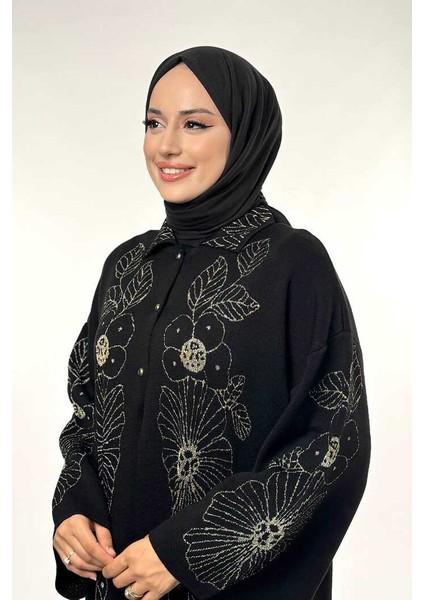Düğmeli Çiçek Desenli Triko Hırka 18310 Siyah-Gold fırsatları