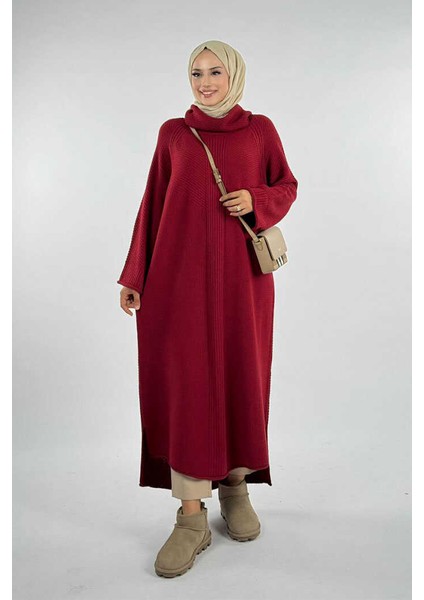 Boğazlı Triko Elbise 18209 Bordo