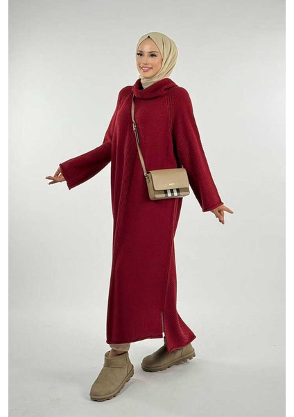 Boğazlı Triko Elbise 18209 Bordo modelleri