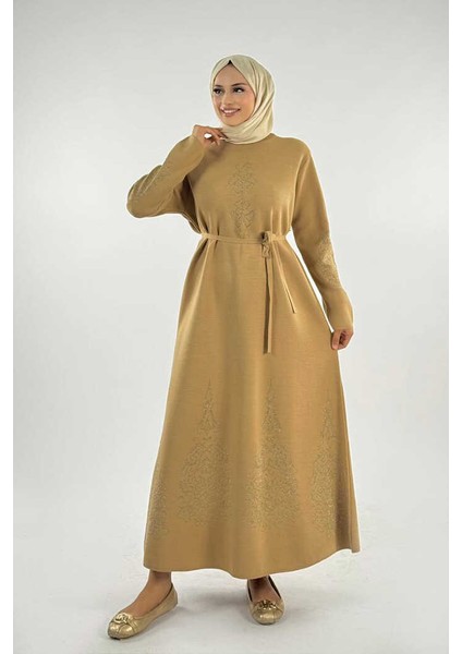 Bel Kuşaklı Desenli Triko Elbise 18304 Taba