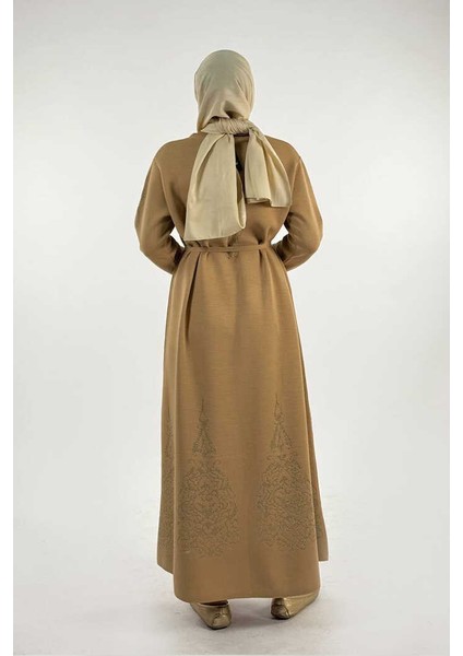 Bel Kuşaklı Desenli Triko Elbise 18304 Taba fiyatları