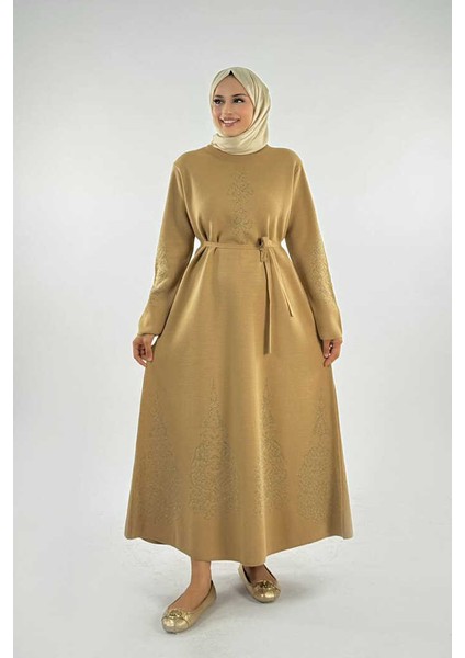 Bel Kuşaklı Desenli Triko Elbise 18304 Taba modelleri