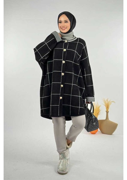 Kare Çizgili Düğmeli Hırka 18329 Siyah-Ekru