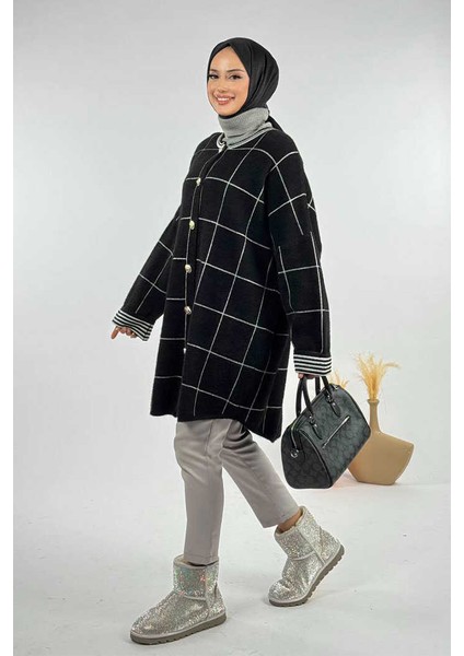 Kare Çizgili Düğmeli Hırka 18329 Siyah-Ekru modelleri
