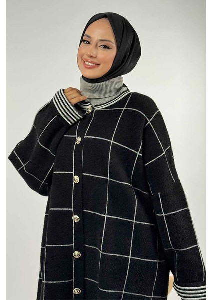 Kare Çizgili Düğmeli Hırka 18329 Siyah-Ekru fırsatları