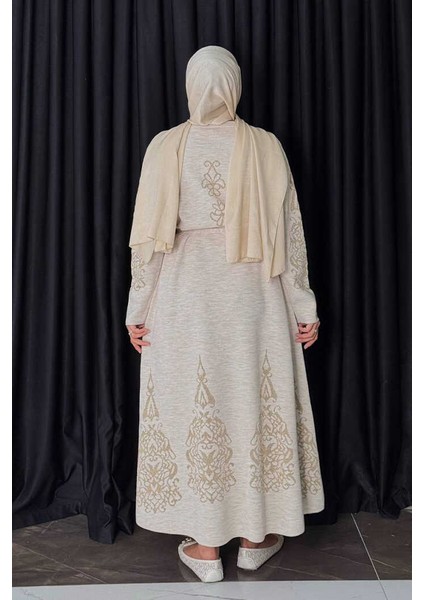 Bel Kuşaklı Desenli Triko Elbise 18304 Taş fiyatları