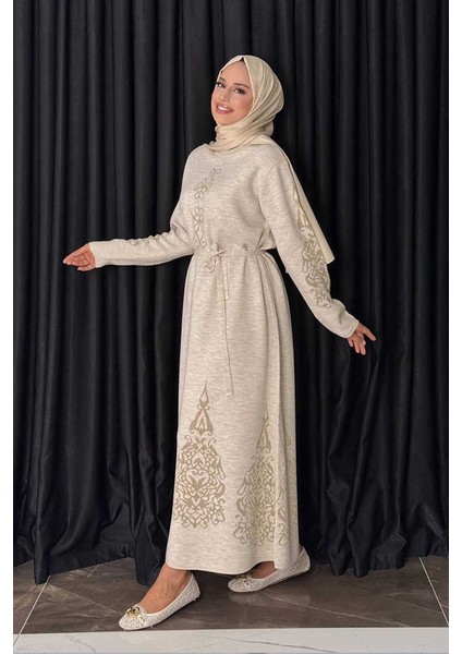 Bel Kuşaklı Desenli Triko Elbise 18304 Taş modelleri