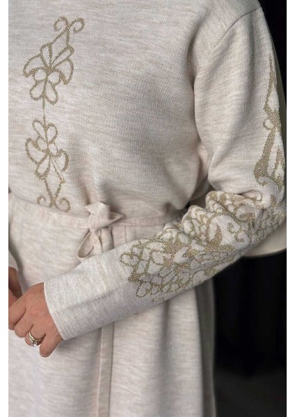 Bel Kuşaklı Desenli Triko Elbise 18304 Taş fırsatları