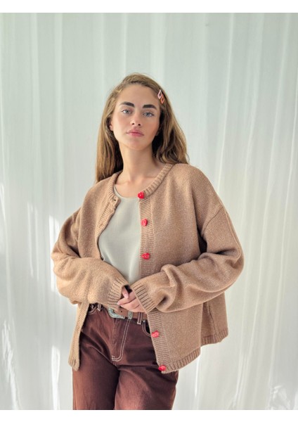 Kalp Düğmeli Simli Hırka Kadın Camel